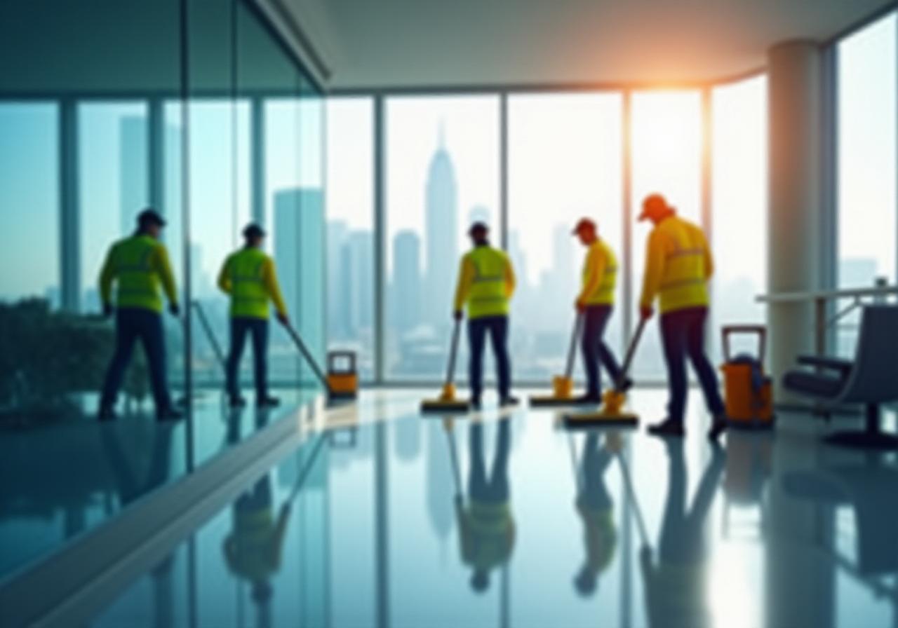 Professional cleaners at work in a bright Los Angeles high-rise